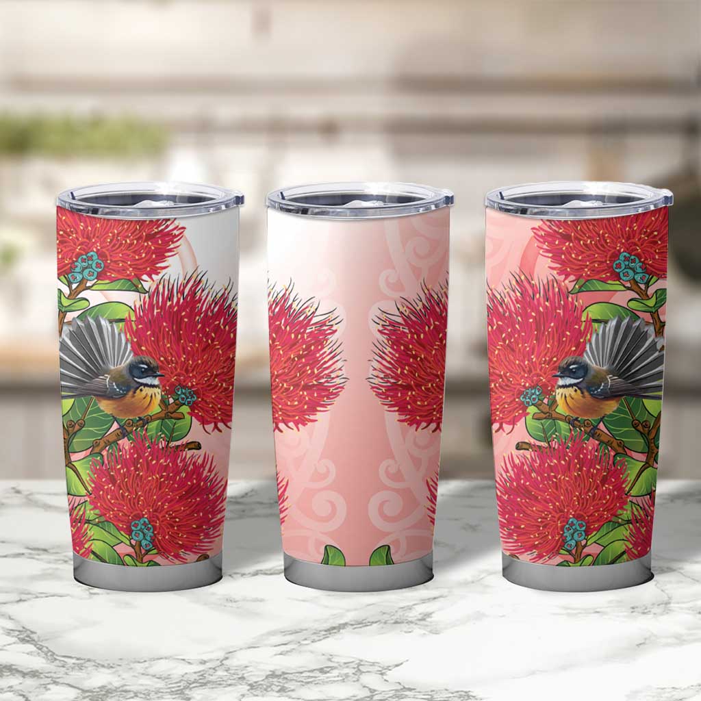 New Zealand Fantail Tumbler Cup Maori Koru With Pohutukawa Flowers - Aussie Hoodie
