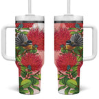 New Zealand Fantail Tumbler With Handle Maori Koru With Pohutukawa Flowers - Aussie Hoodie