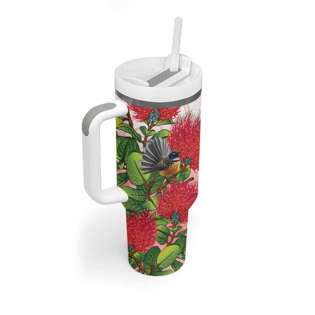New Zealand Fantail Tumbler With Handle Maori Koru With Pohutukawa Flowers - Aussie Hoodie