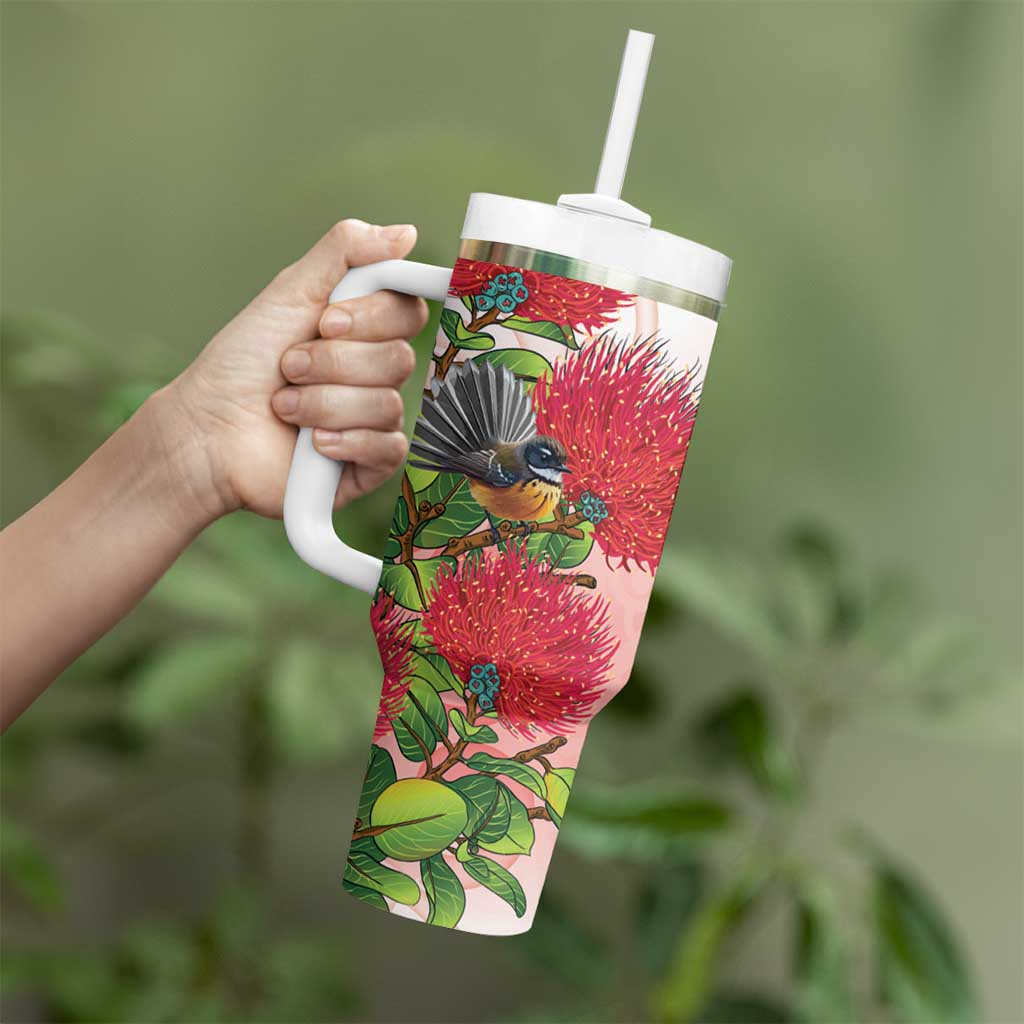New Zealand Fantail Tumbler With Handle Maori Koru With Pohutukawa Flowers - Aussie Hoodie