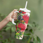 New Zealand Fantail Tumbler With Handle Maori Koru With Pohutukawa Flowers - Aussie Hoodie