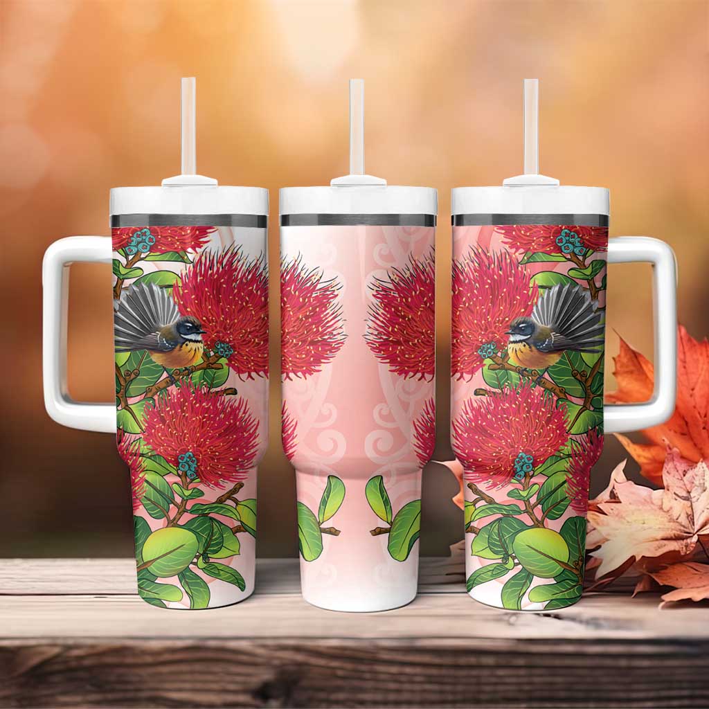 New Zealand Fantail Tumbler With Handle Maori Koru With Pohutukawa Flowers - Aussie Hoodie