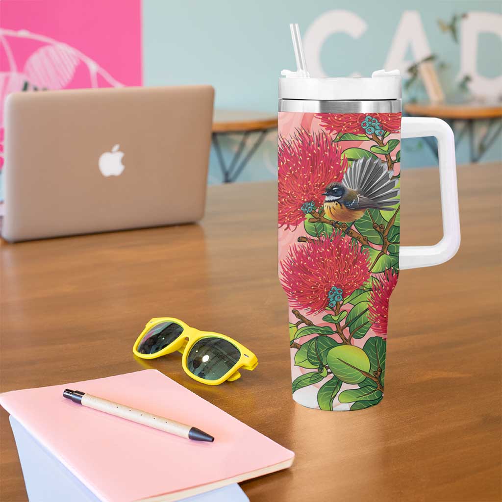 New Zealand Fantail Tumbler With Handle Maori Koru With Pohutukawa Flowers - Aussie Hoodie