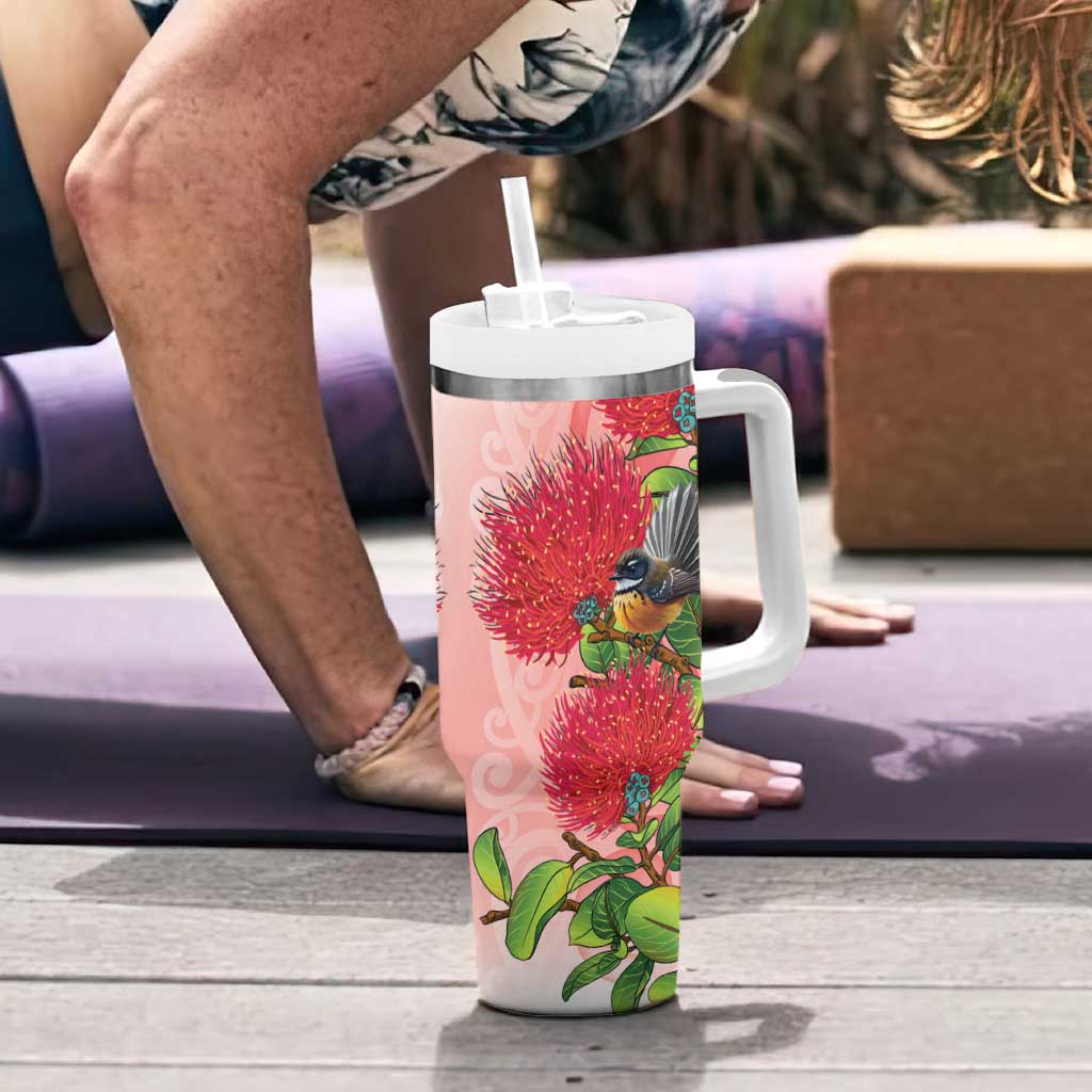 New Zealand Fantail Tumbler With Handle Maori Koru With Pohutukawa Flowers - Aussie Hoodie