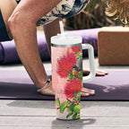 New Zealand Fantail Tumbler With Handle Maori Koru With Pohutukawa Flowers - Aussie Hoodie