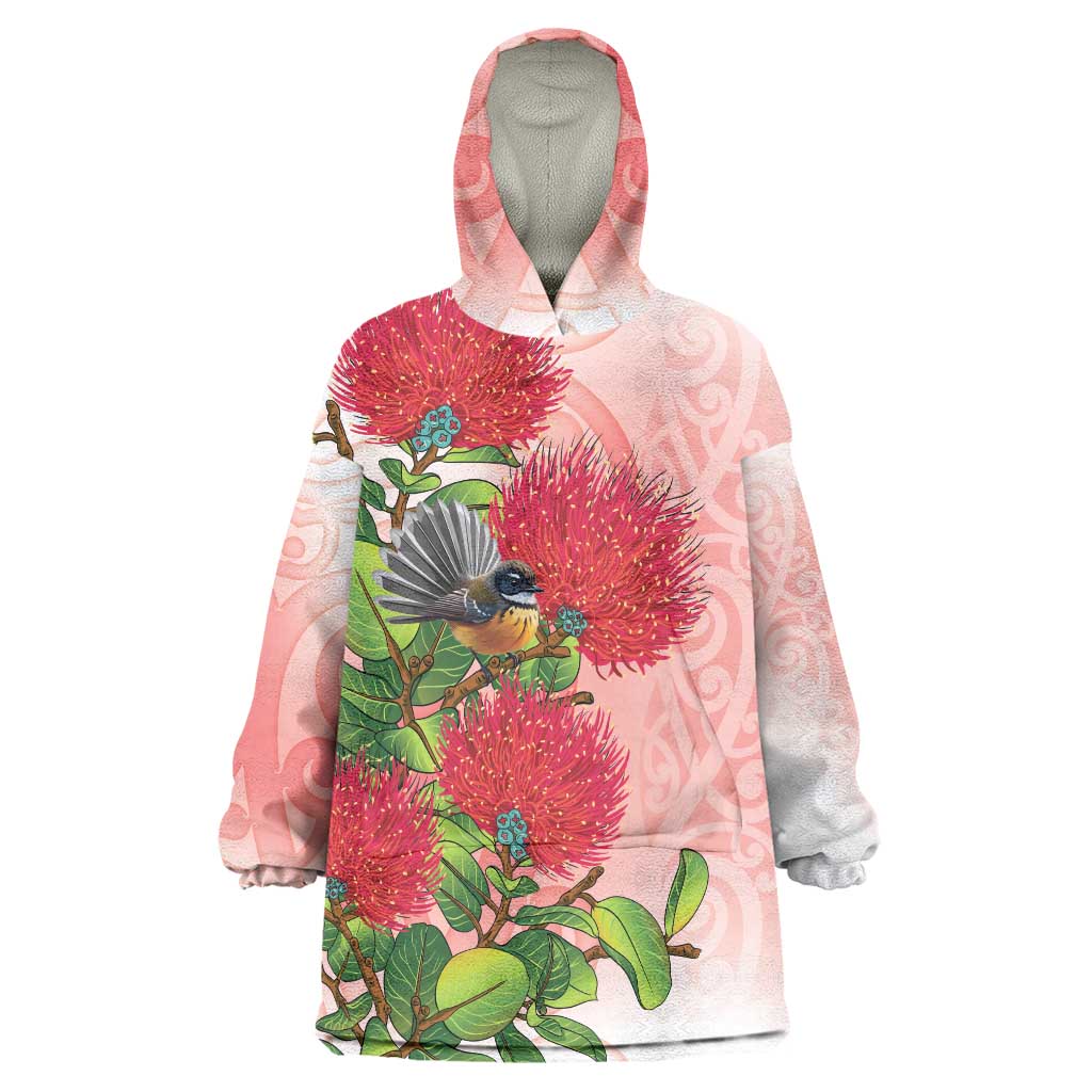 New Zealand Fantail Wearable Blanket Hoodie Maori Koru With Pohutukawa Flowers - Aussie Hoodie
