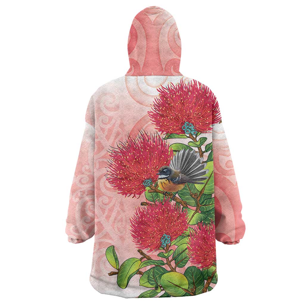 New Zealand Fantail Wearable Blanket Hoodie Maori Koru With Pohutukawa Flowers - Aussie Hoodie
