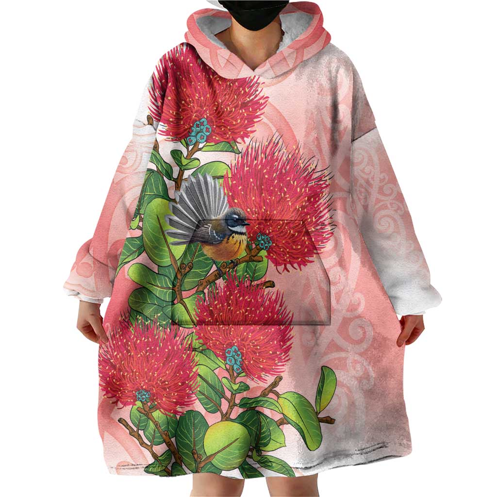 New Zealand Fantail Wearable Blanket Hoodie Maori Koru With Pohutukawa Flowers - Aussie Hoodie