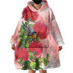 New Zealand Fantail Wearable Blanket Hoodie Maori Koru With Pohutukawa Flowers - Aussie Hoodie