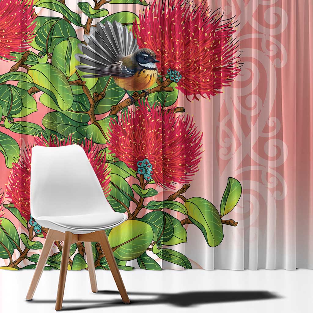 New Zealand Fantail Window Curtain Maori Koru With Pohutukawa Flowers - Aussie Hoodie