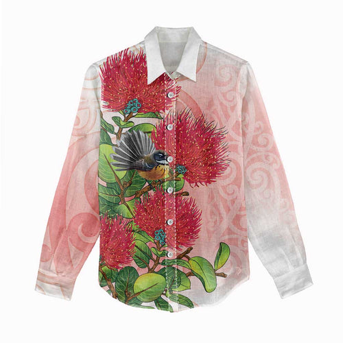 New Zealand Fantail Women Casual Shirt Maori Koru With Pohutukawa Flowers - Aussie Hoodie