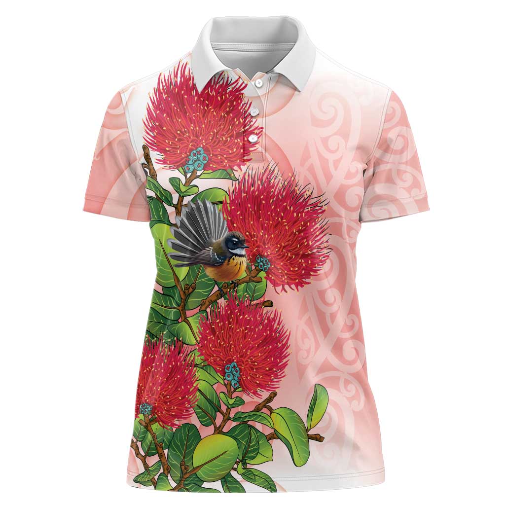 New Zealand Fantail Women Polo Shirt Maori Koru With Pohutukawa Flowers - Aussie Hoodie