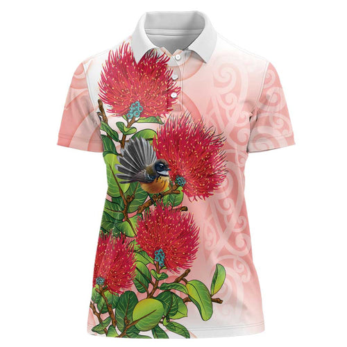 New Zealand Fantail Women Polo Shirt Maori Koru With Pohutukawa Flowers - Aussie Hoodie