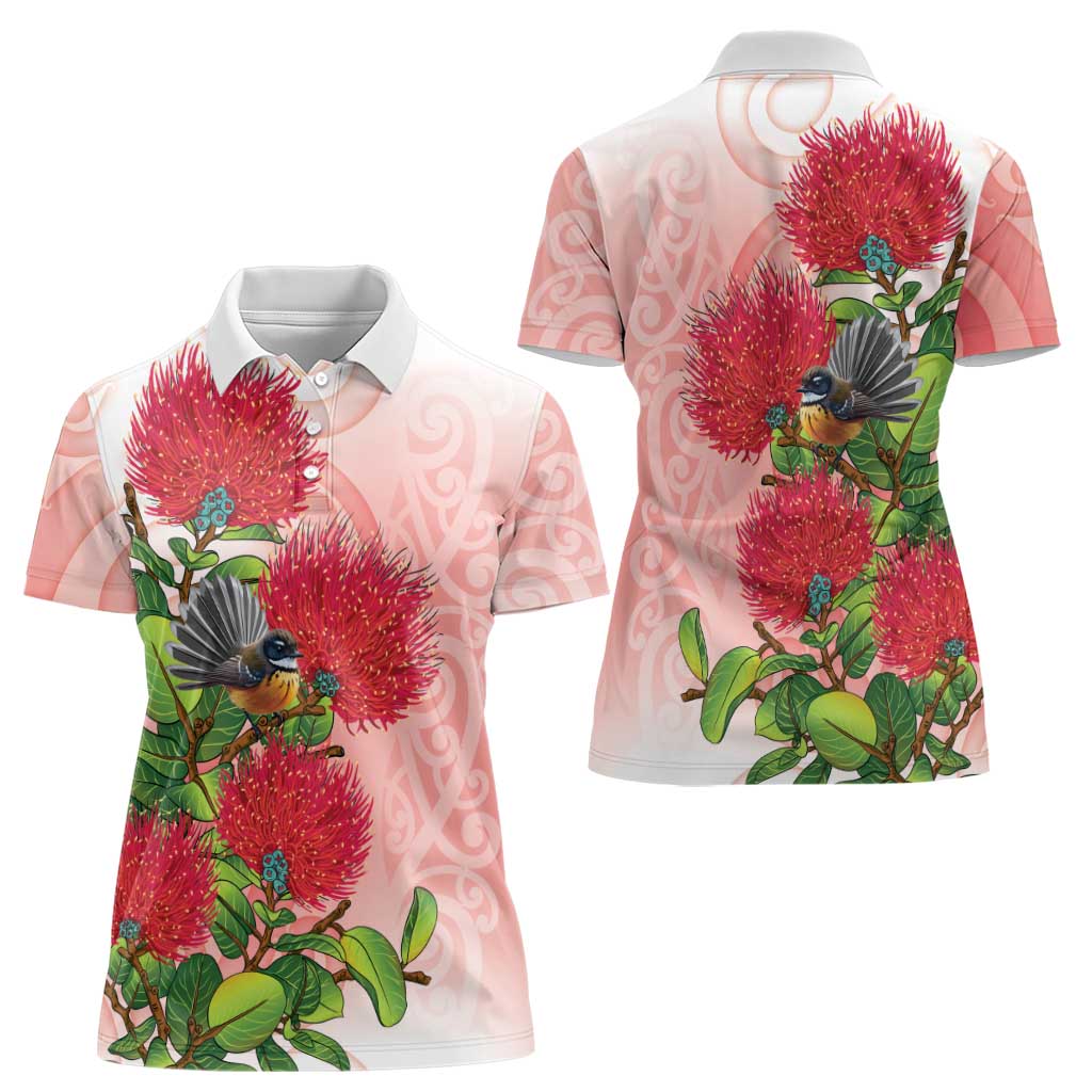 New Zealand Fantail Women Polo Shirt Maori Koru With Pohutukawa Flowers - Aussie Hoodie
