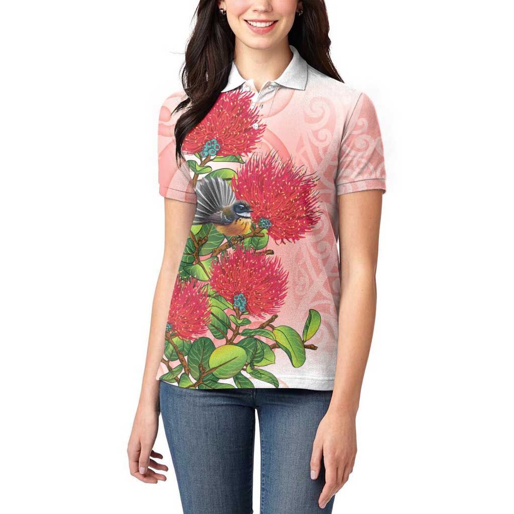 New Zealand Fantail Women Polo Shirt Maori Koru With Pohutukawa Flowers - Aussie Hoodie