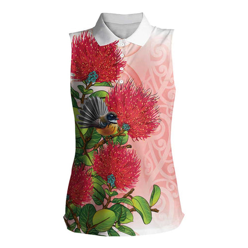 New Zealand Fantail Women Sleeveless Polo Shirt Maori Koru With Pohutukawa Flowers - Aussie Hoodie