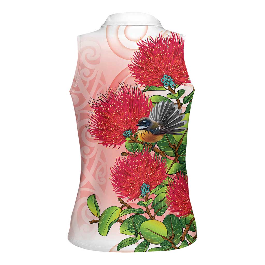 New Zealand Fantail Women Sleeveless Polo Shirt Maori Koru With Pohutukawa Flowers - Aussie Hoodie
