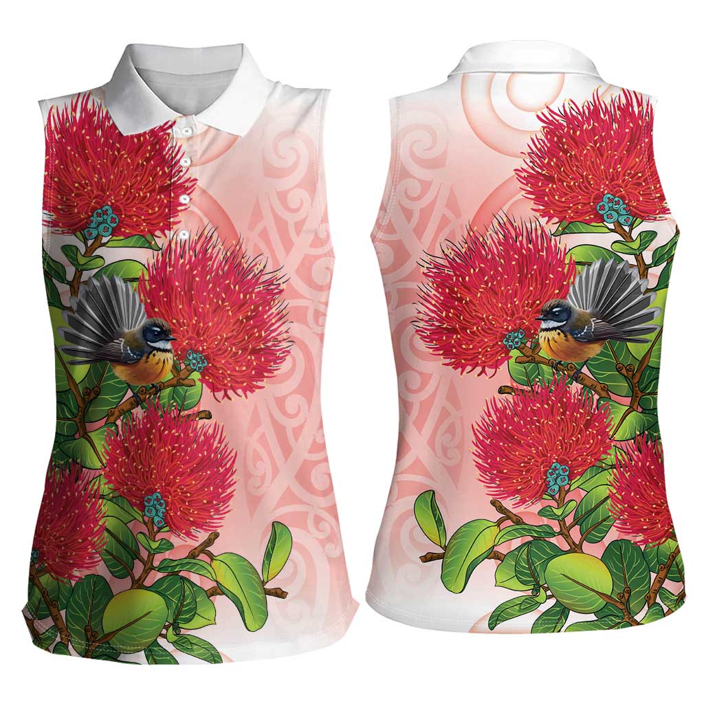 New Zealand Fantail Women Sleeveless Polo Shirt Maori Koru With Pohutukawa Flowers - Aussie Hoodie