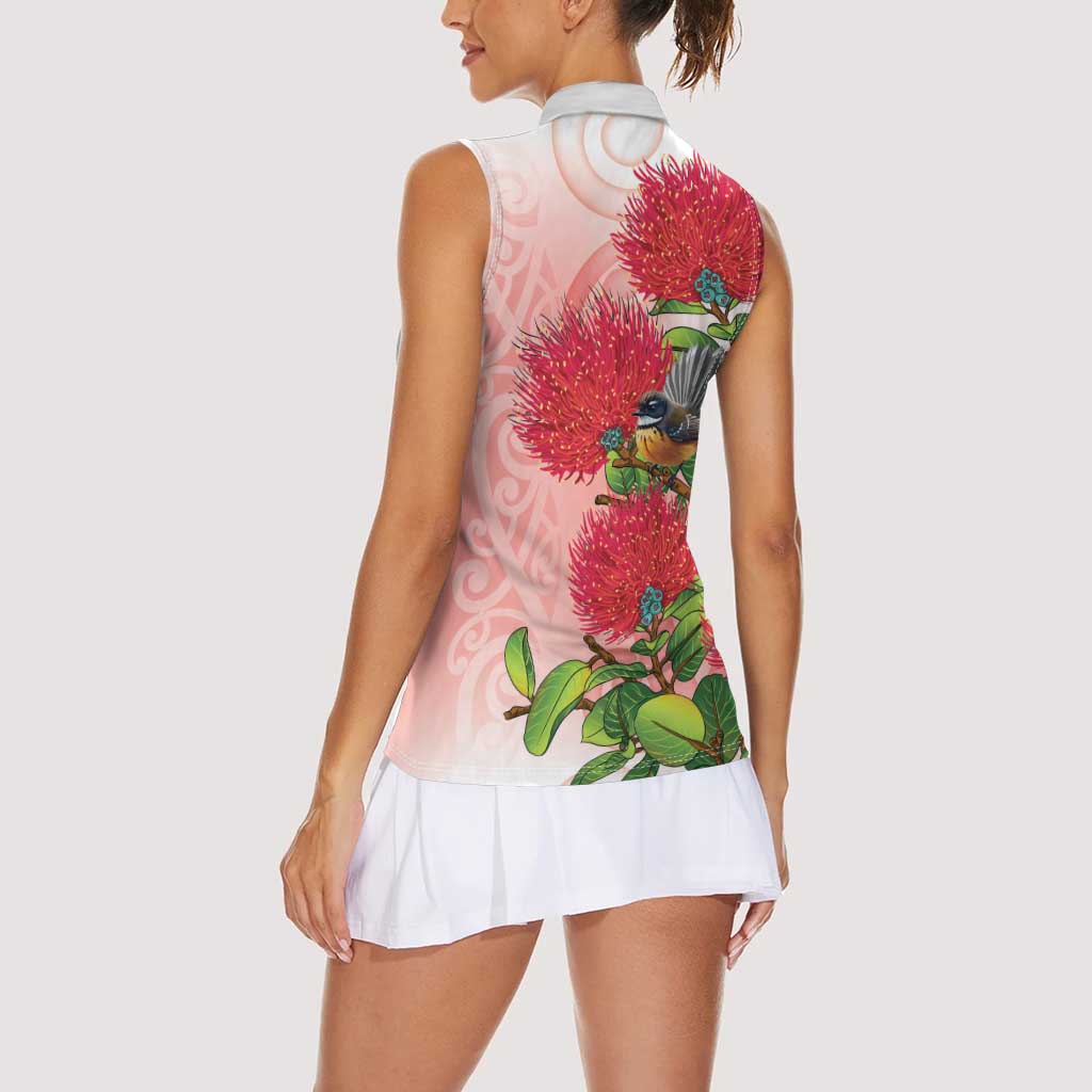 New Zealand Fantail Women Sleeveless Polo Shirt Maori Koru With Pohutukawa Flowers - Aussie Hoodie