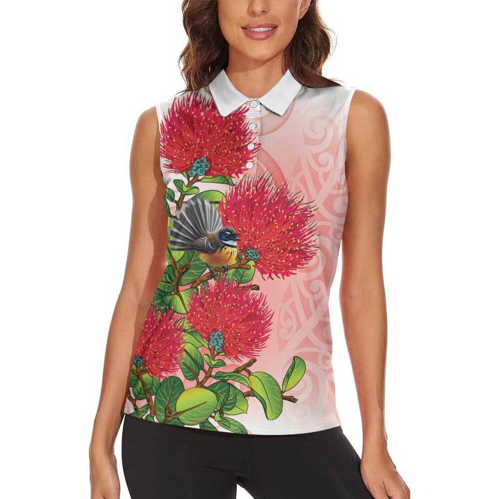 New Zealand Fantail Women Sleeveless Polo Shirt Maori Koru With Pohutukawa Flowers - Aussie Hoodie
