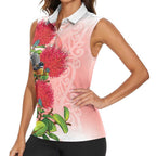 New Zealand Fantail Women Sleeveless Polo Shirt Maori Koru With Pohutukawa Flowers - Aussie Hoodie