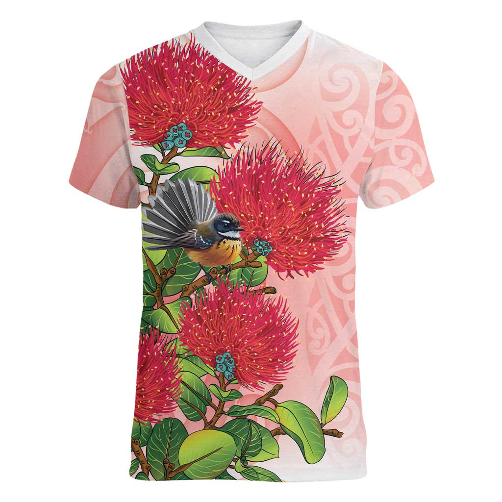 New Zealand Fantail Women V-Neck T-Shirt Maori Koru With Pohutukawa Flowers - Aussie Hoodie