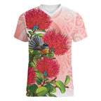 New Zealand Fantail Women V-Neck T-Shirt Maori Koru With Pohutukawa Flowers - Aussie Hoodie