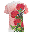 New Zealand Fantail Women V-Neck T-Shirt Maori Koru With Pohutukawa Flowers - Aussie Hoodie