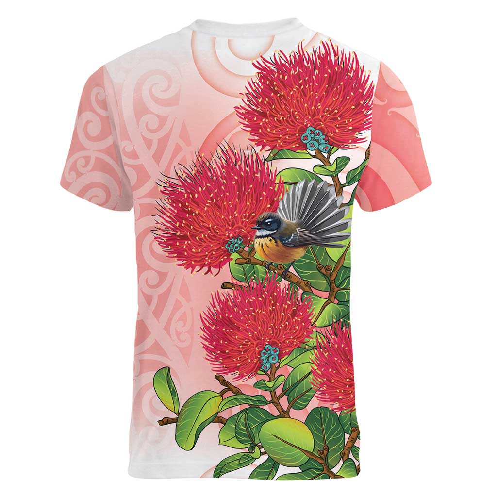 New Zealand Fantail Women V-Neck T-Shirt Maori Koru With Pohutukawa Flowers - Aussie Hoodie