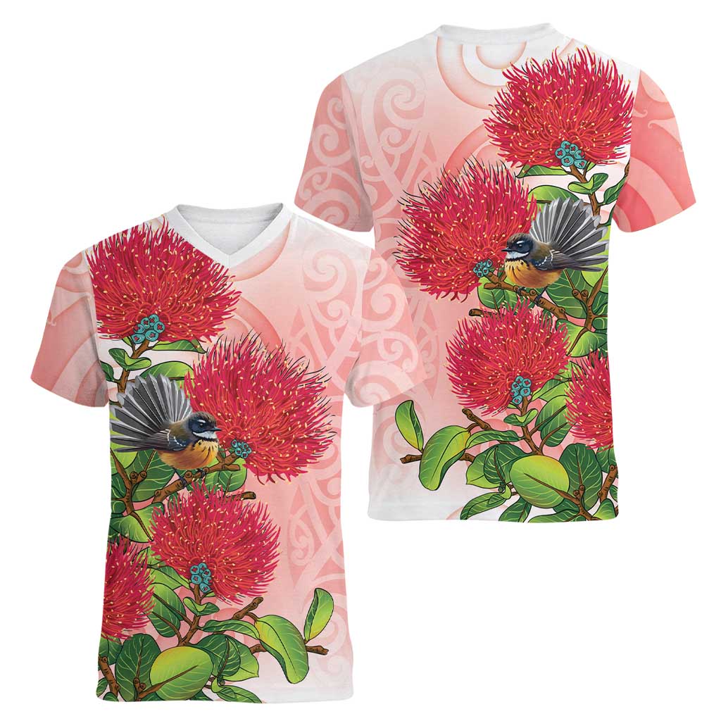 New Zealand Fantail Women V-Neck T-Shirt Maori Koru With Pohutukawa Flowers - Aussie Hoodie