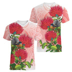 New Zealand Fantail Women V-Neck T-Shirt Maori Koru With Pohutukawa Flowers - Aussie Hoodie