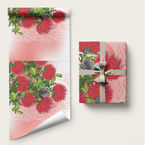 New Zealand Fantail Wrapping Paper Maori Koru With Pohutukawa Flowers