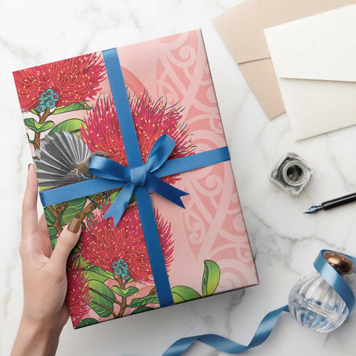 New Zealand Fantail Wrapping Paper Maori Koru With Pohutukawa Flowers
