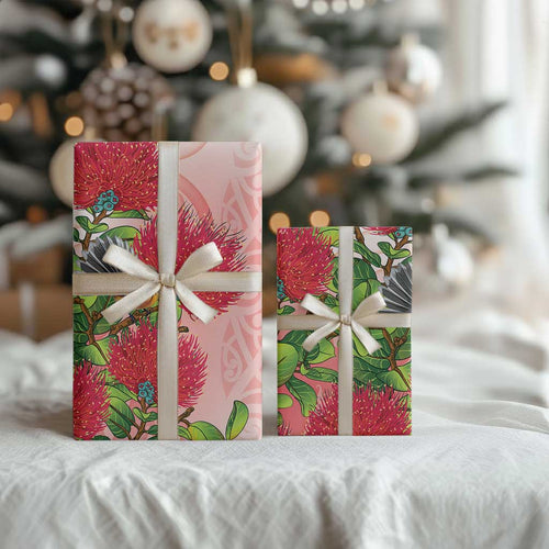 New Zealand Fantail Wrapping Paper Maori Koru With Pohutukawa Flowers