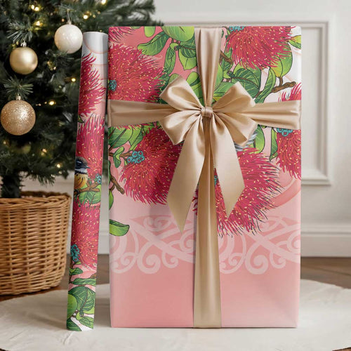 New Zealand Fantail Wrapping Paper Maori Koru With Pohutukawa Flowers