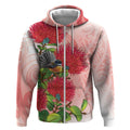 New Zealand Fantail Zip Hoodie Maori Koru With Pohutukawa Flowers - Aussie Hoodie