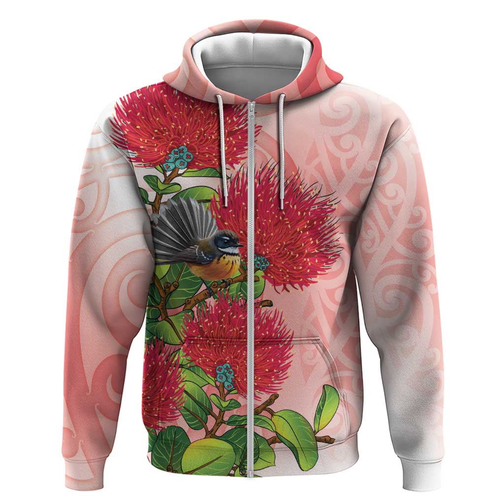 New Zealand Fantail Zip Hoodie Maori Koru With Pohutukawa Flowers - Aussie Hoodie