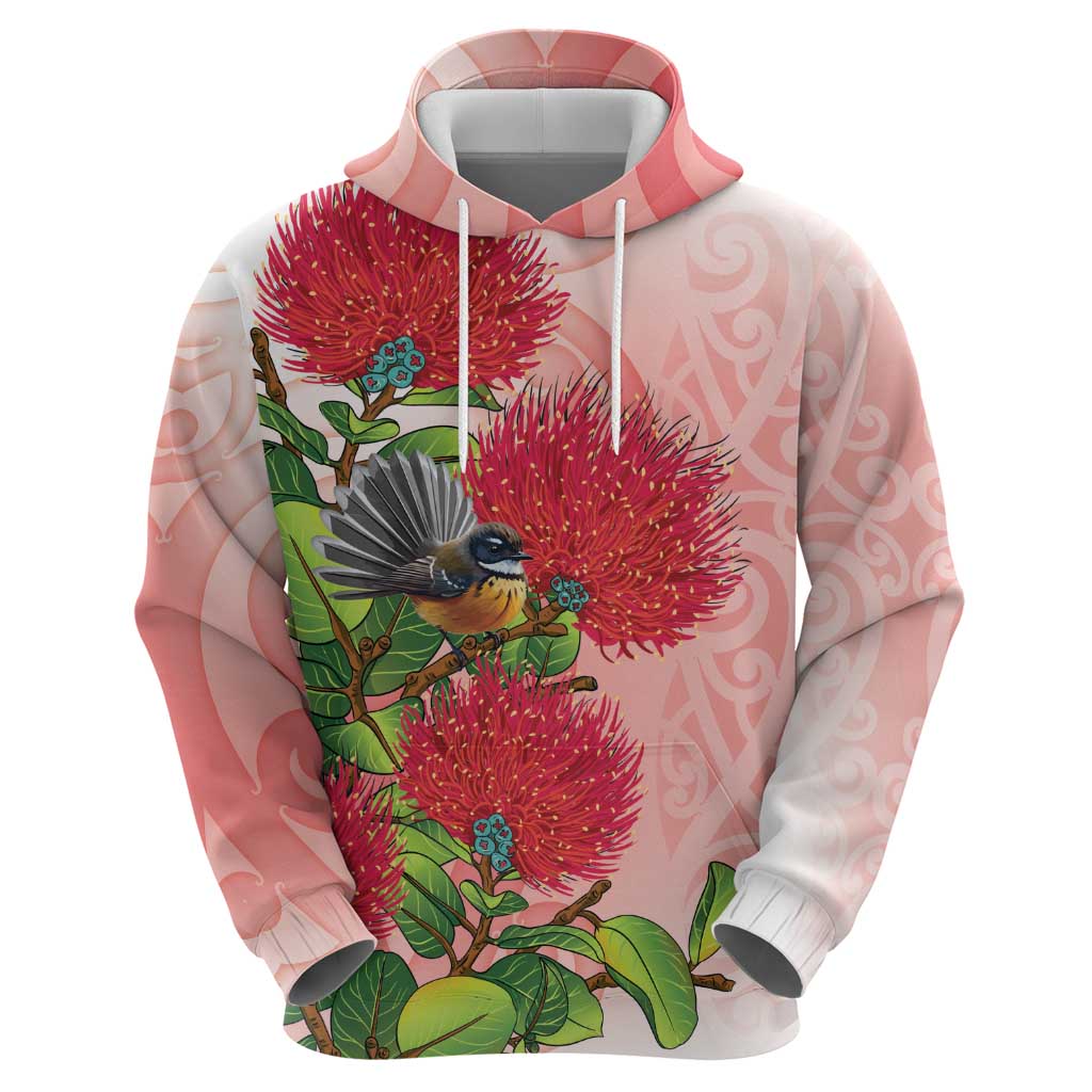 New Zealand Fantail Zip Hoodie Maori Koru With Pohutukawa Flowers - Aussie Hoodie