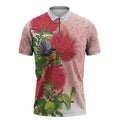 New Zealand Fantail Zipper Polo Shirt Maori Koru With Pohutukawa Flowers - Aussie Hoodie