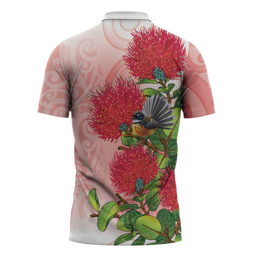 New Zealand Fantail Zipper Polo Shirt Maori Koru With Pohutukawa Flowers - Aussie Hoodie