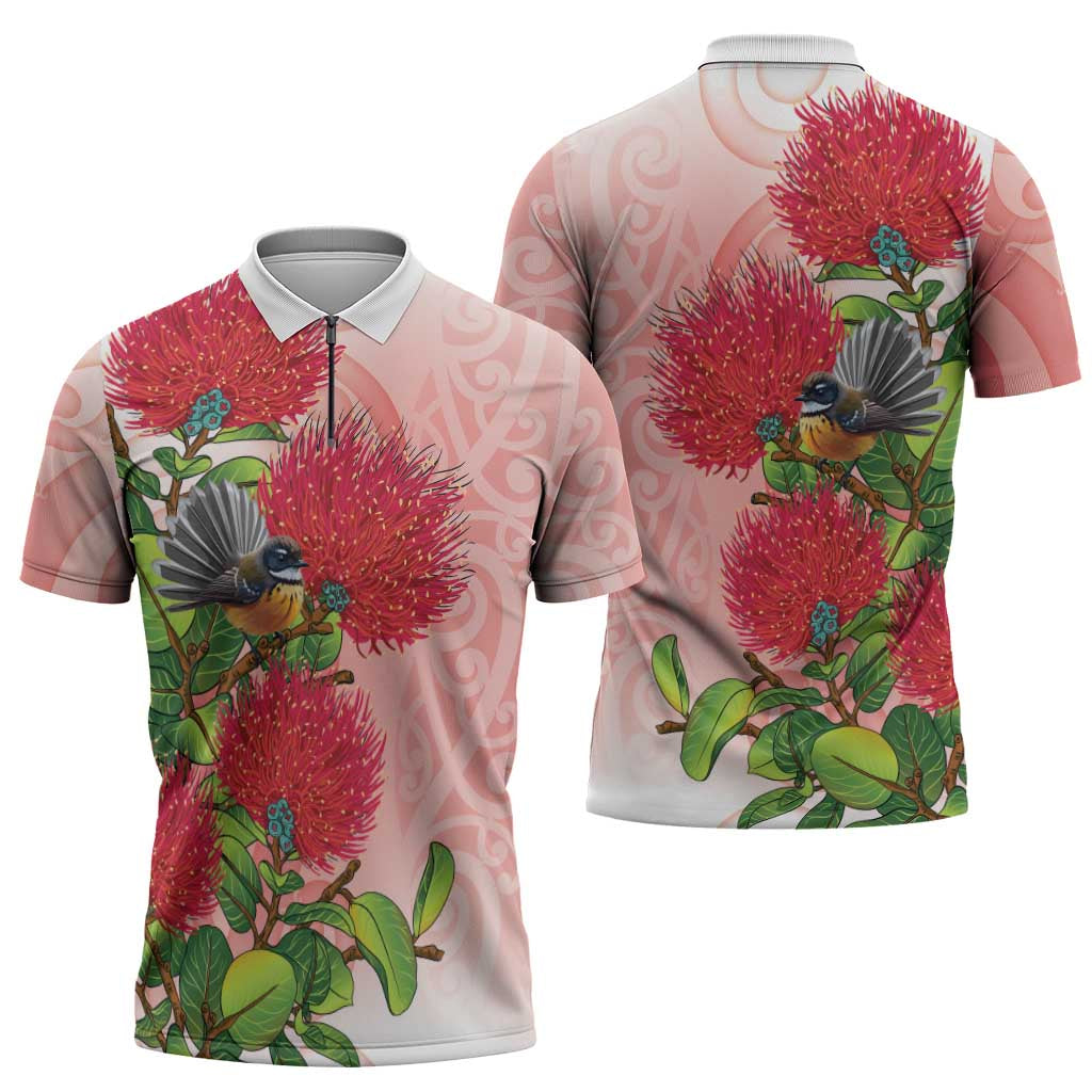 New Zealand Fantail Zipper Polo Shirt Maori Koru With Pohutukawa Flowers - Aussie Hoodie
