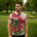 New Zealand Fantail Zipper Polo Shirt Maori Koru With Pohutukawa Flowers - Aussie Hoodie