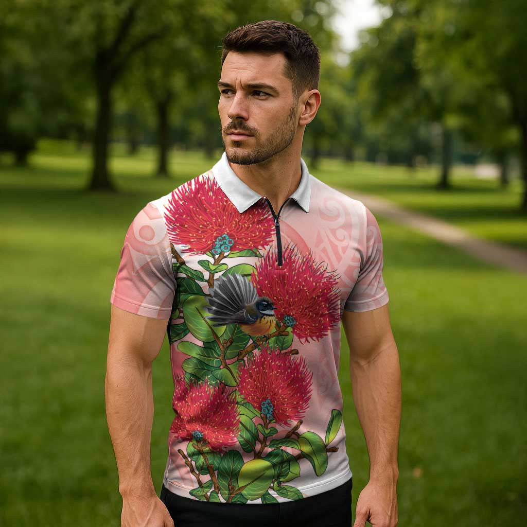 New Zealand Fantail Zipper Polo Shirt Maori Koru With Pohutukawa Flowers - Aussie Hoodie