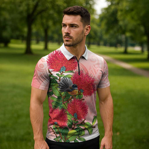New Zealand Fantail Zipper Polo Shirt Maori Koru With Pohutukawa Flowers - Aussie Hoodie