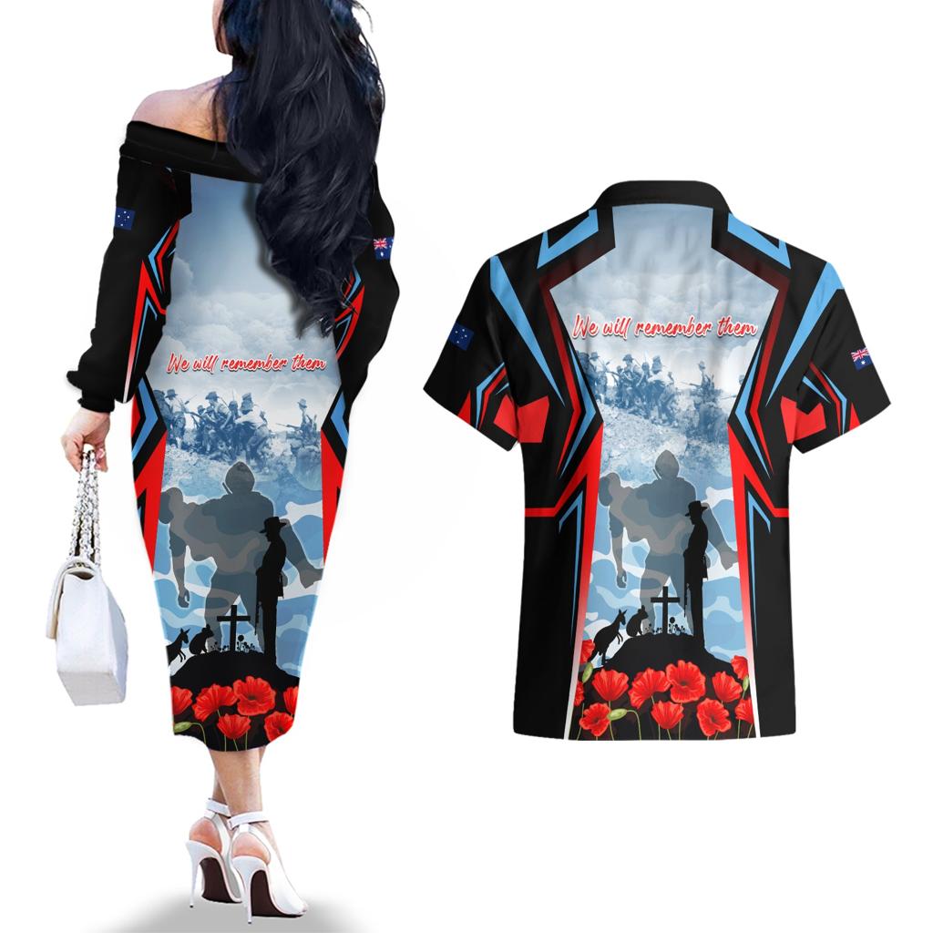 Australia ANZAC Day Couples Matching Off The Shoulder Long Sleeve Dress and Hawaiian Shirt Gallipoli Soldiers Simple Style
