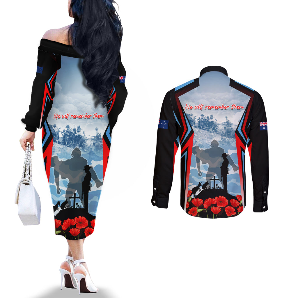 Australia ANZAC Day Couples Matching Off The Shoulder Long Sleeve Dress and Long Sleeve Button Shirt Gallipoli Soldiers Simple Style