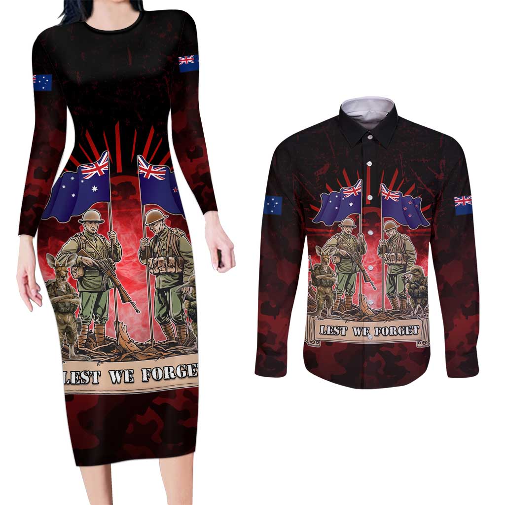 Australia And New Zealand ANZAC Day Couples Matching Long Sleeve Bodycon Dress and Long Sleeve Button Shirt Soldiers Lest We Forget