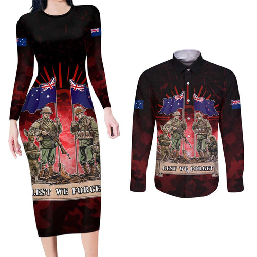 Australia And New Zealand ANZAC Day Couples Matching Long Sleeve Bodycon Dress and Long Sleeve Button Shirt Soldiers Lest We Forget