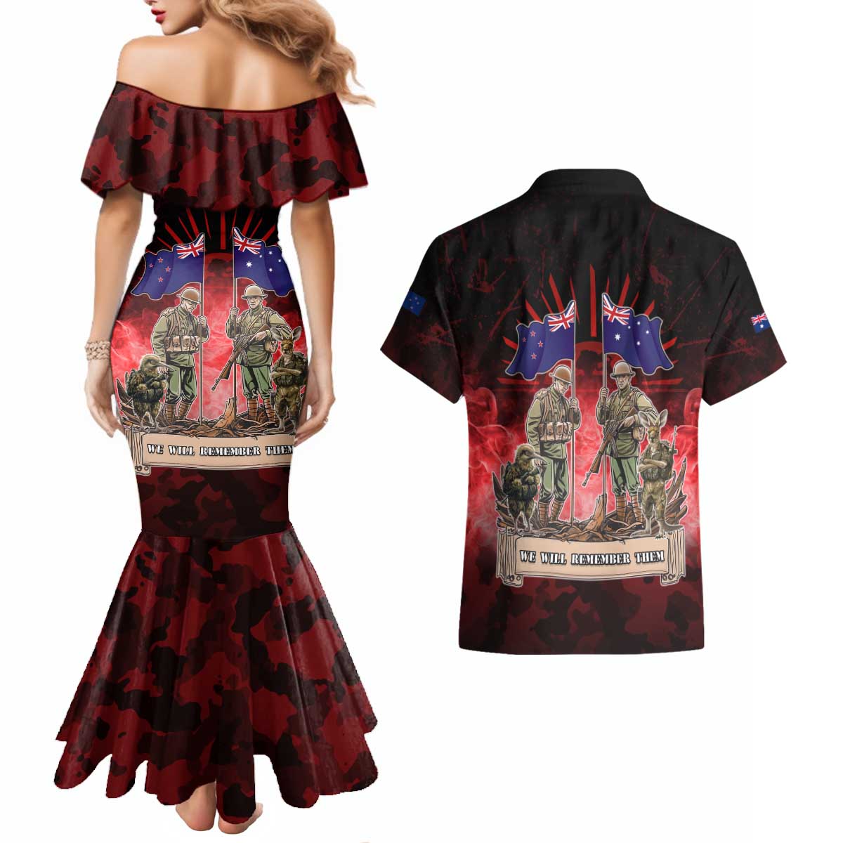 Australia And New Zealand ANZAC Day Couples Matching Mermaid Dress and Hawaiian Shirt Soldiers Lest We Forget