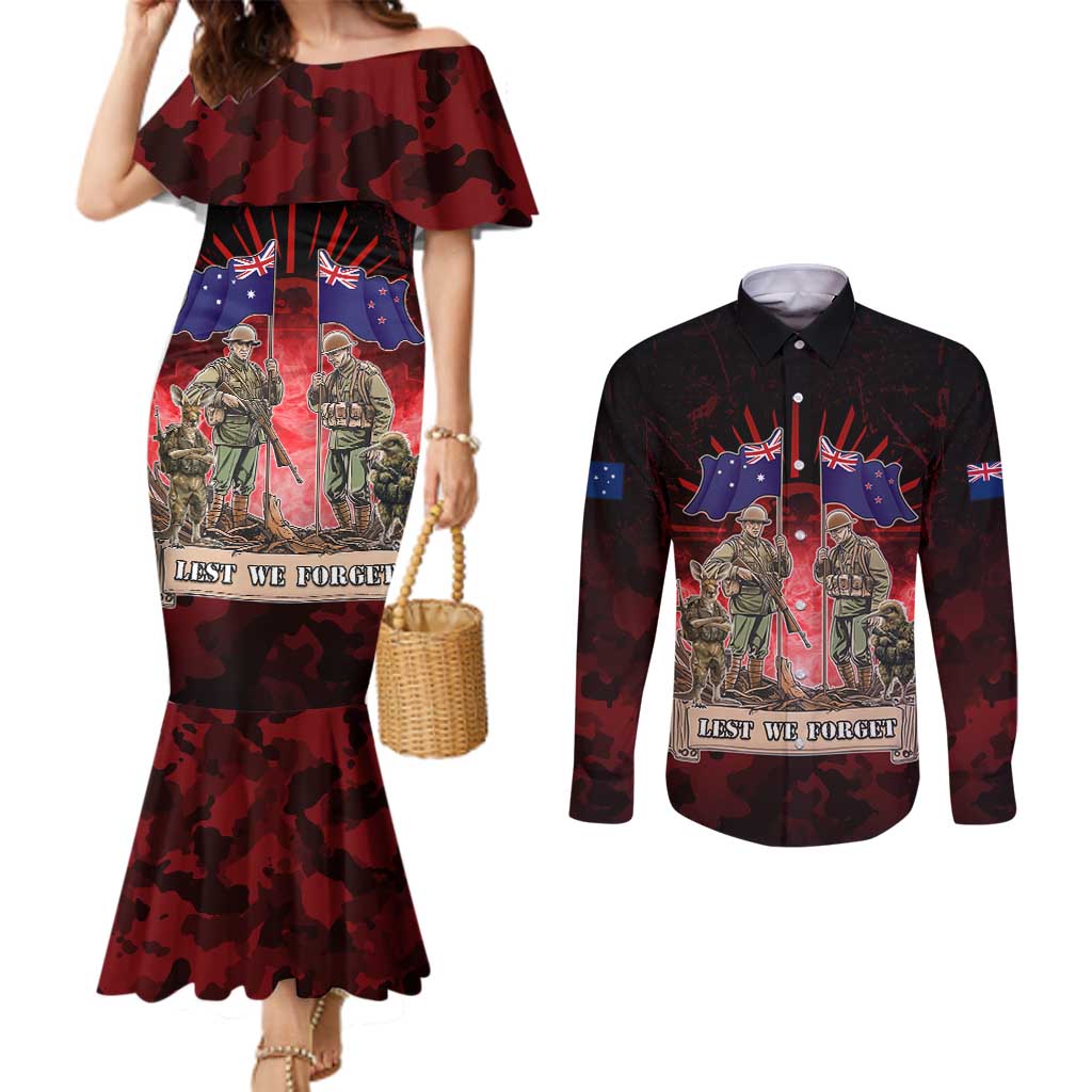 Australia And New Zealand ANZAC Day Couples Matching Mermaid Dress and Long Sleeve Button Shirt Soldiers Lest We Forget